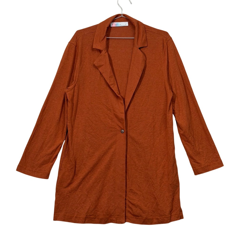 FP Beach Cardigan Blazer Women Medium Rust Orange Linen Blend Boho Longline